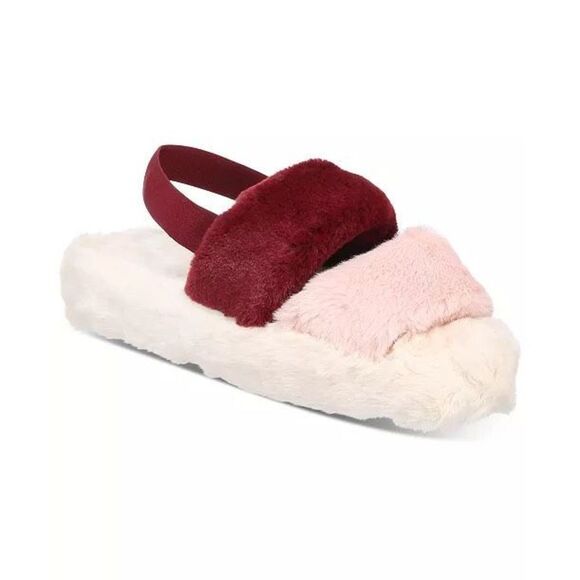 Jenni Shoes - Jenni Intimates Women’s Slippers Faux Fur Striped Slides Pink, Cream & Burgundy